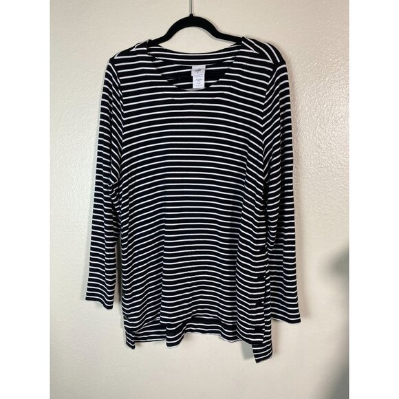 Cabi Side Snap Black White Stripe Long Sleeve Tunic Top Sz Large Jersey stretch - Picture 2 of 11
